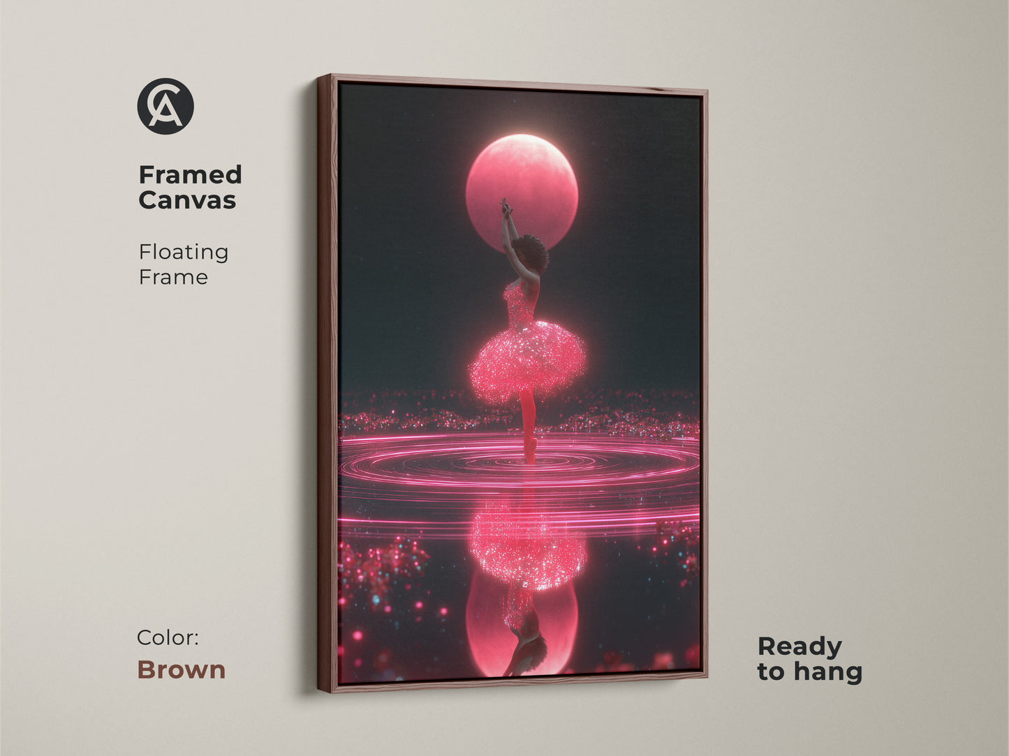 Framed canvas featuring cosmic ballerina art with a brown floating frame. The vibrant pink and blue art showcases a surreal dance. Ready to hang this dark blue fantasy artwork adds a contemporary touch to any room and makes a great gift for ballerinas.