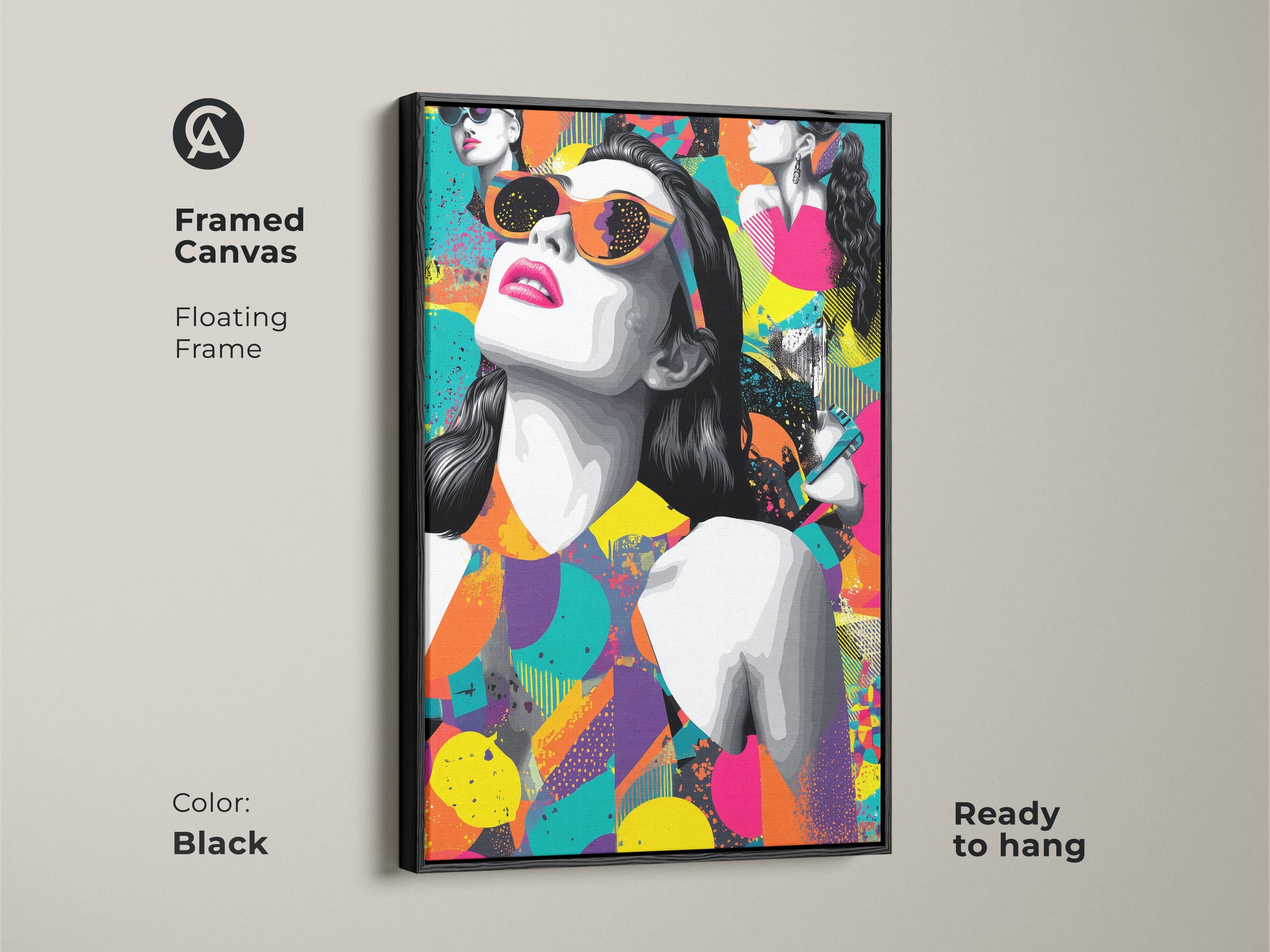 Framed canvas of a pop art woman with retro sunglasses. This eclectic abstract wall artwork has a black floating frame. It's ready to hang. The magenta orange and teal colors make it a stylish piece.