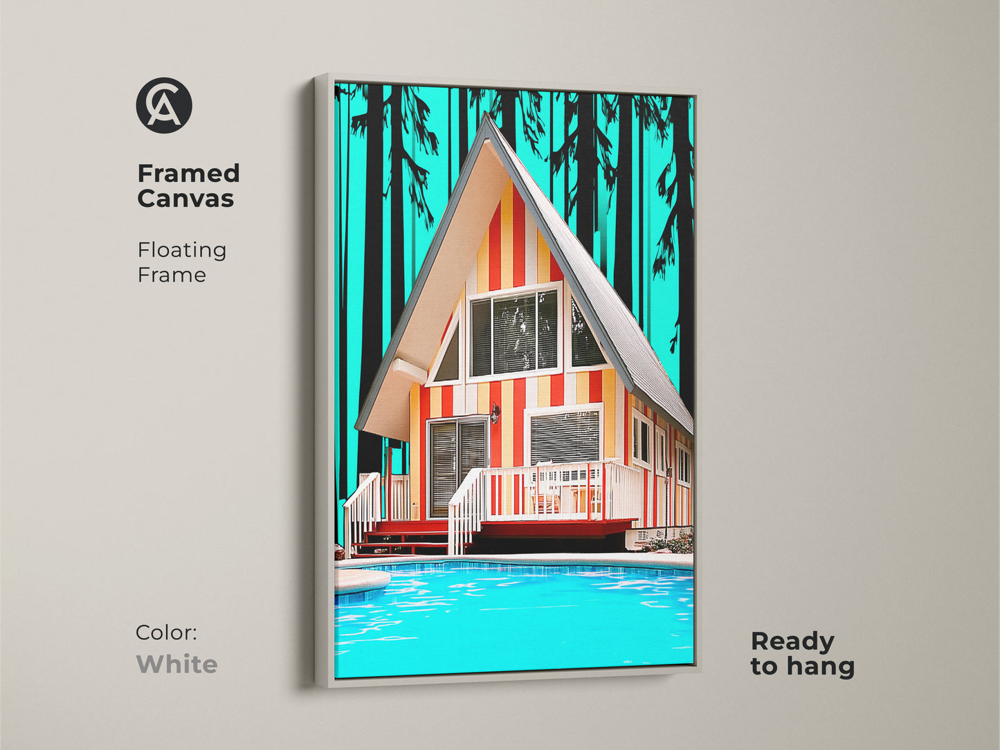 Framed canvas of Mid-Century Modern A-Frame Cabin. The white floating frame enhances the retro poolside cabin artwork. Teal orange yellow art brings summer vacation vibes to your living room. Vintage architecture print is ready to hang.