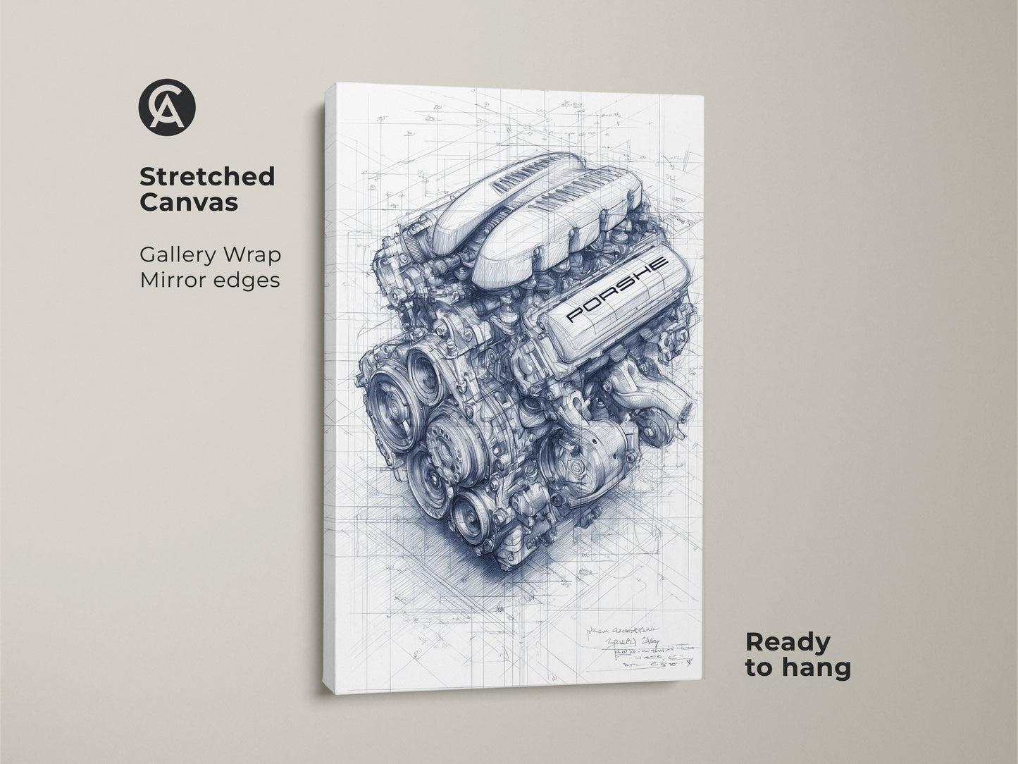 Stretched canvas featuring a Porsche engine technical drawing. This automotive engineering print showcases a blueprint style. Ideal for garage man cave decor with its industrial style. A thoughtful car enthusiast birthday gift ready to hang.
