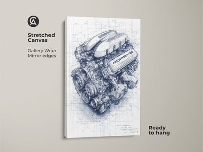 Stretched canvas featuring a Porsche engine technical drawing. This automotive engineering print showcases a blueprint style. Ideal for garage man cave decor with its industrial style. A thoughtful car enthusiast birthday gift ready to hang.