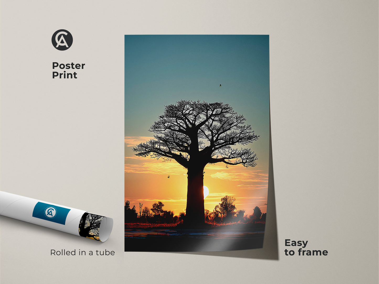 Poster print featuring a sunset baobab tree. The African silhouette landscape artwork is rolled in a tube for easy framing. The orange yellow teal wall art adds a minimalist touch. A perfect travelers housewarming gift.