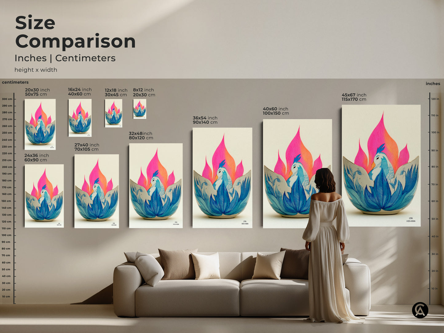 Size Comparison of Phoenix Lotus Canvas Print. See how the blue bird wall art looks in different sizes over a couch. Visualize the impact of this abstract folk floral decor. Sizes range from small to large so you can find your perfect fit.