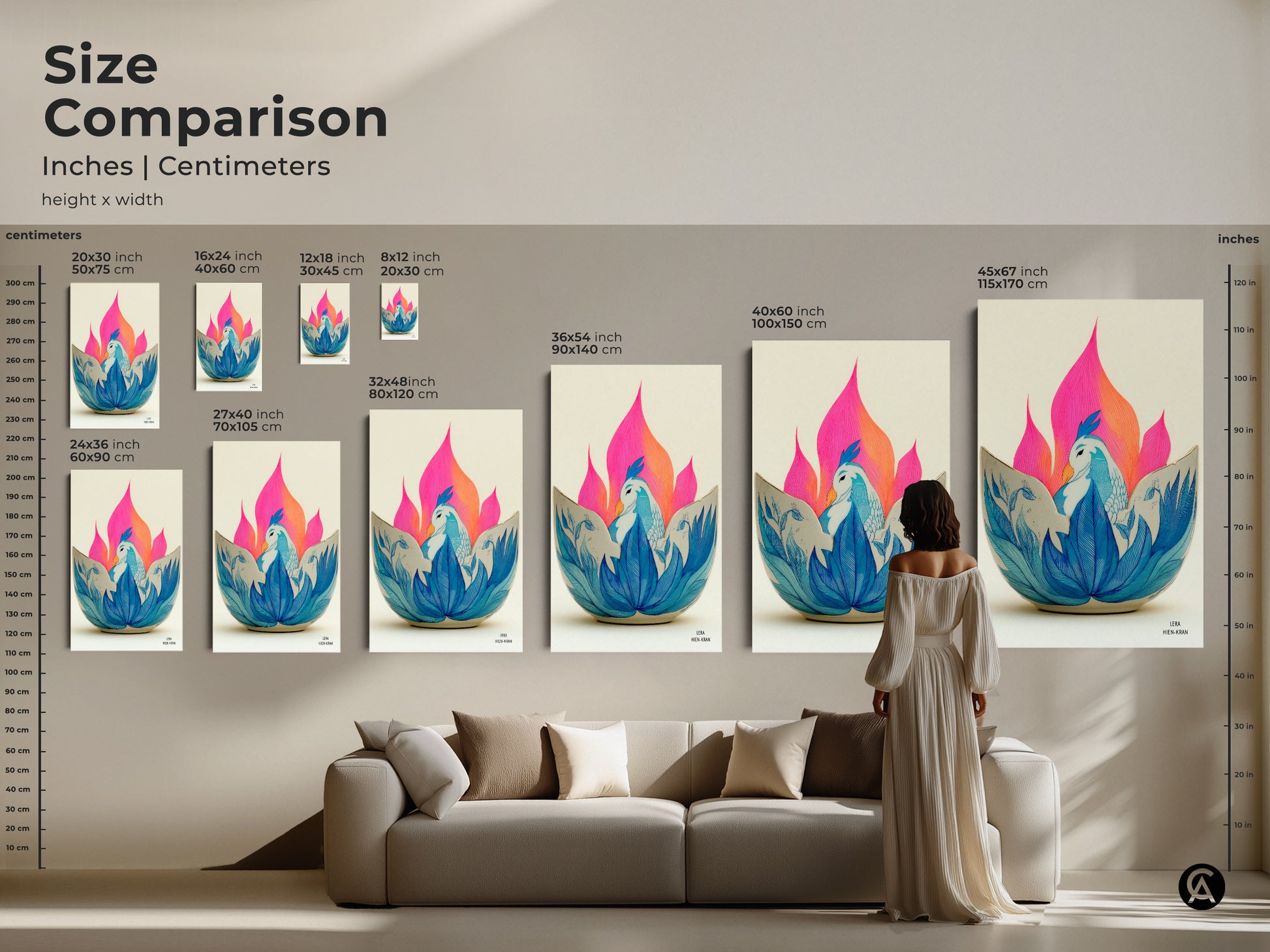 Size Comparison of Phoenix Lotus Canvas Print. See how the blue bird wall art looks in different sizes over a couch. Visualize the impact of this abstract folk floral decor. Sizes range from small to large so you can find your perfect fit.