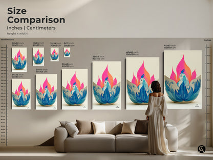 Size Comparison of Phoenix Lotus Canvas Print. See how the blue bird wall art looks in different sizes over a couch. Visualize the impact of this abstract folk floral decor. Sizes range from small to large so you can find your perfect fit.