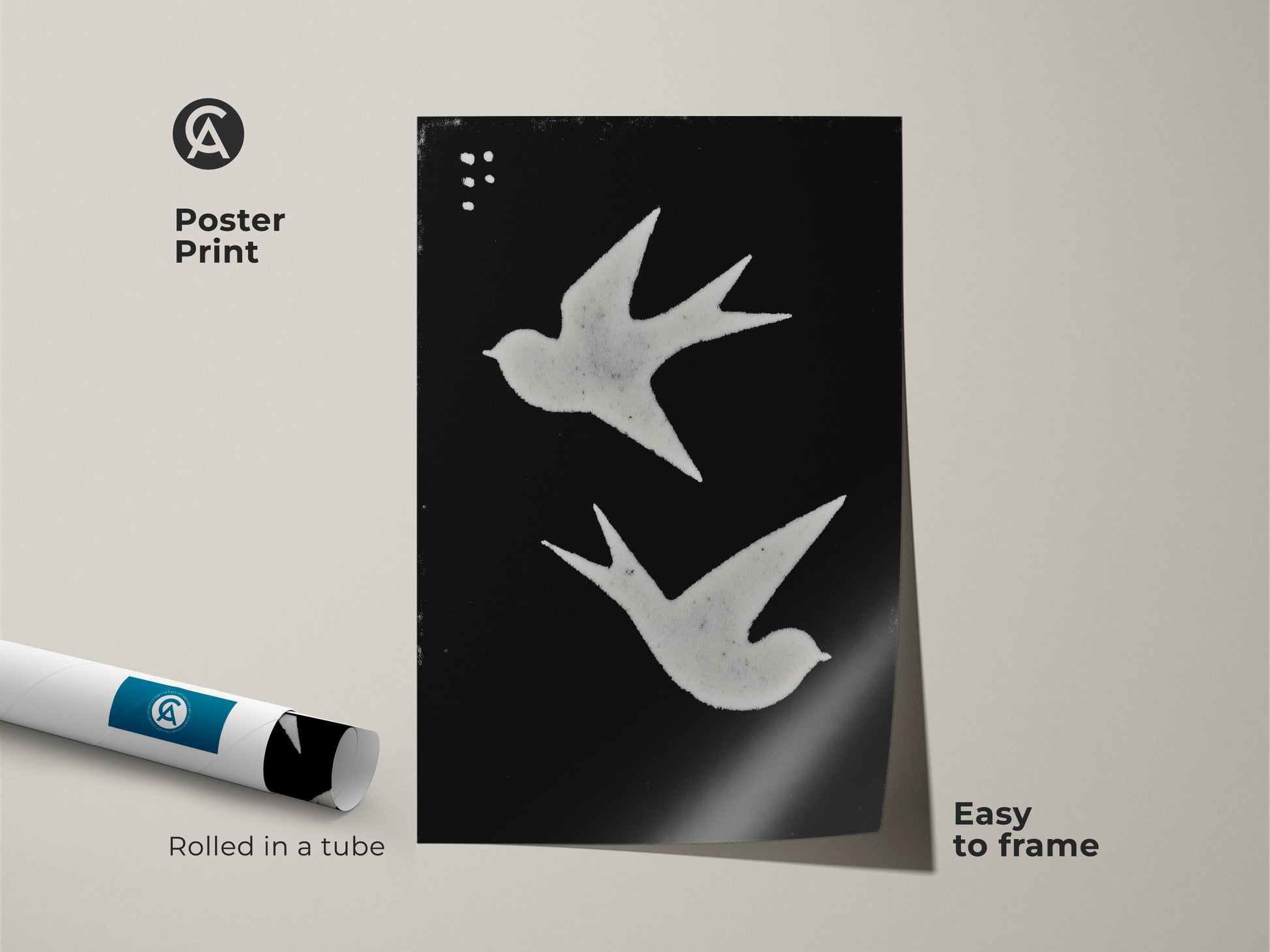 Poster print of minimalist abstract swallows. The black and white canvas art suits Scandinavian bedrooms. Easy to frame folk art print. The rolled tube ensures safe delivery. This modern nature art is perfect for a housewarming gift.