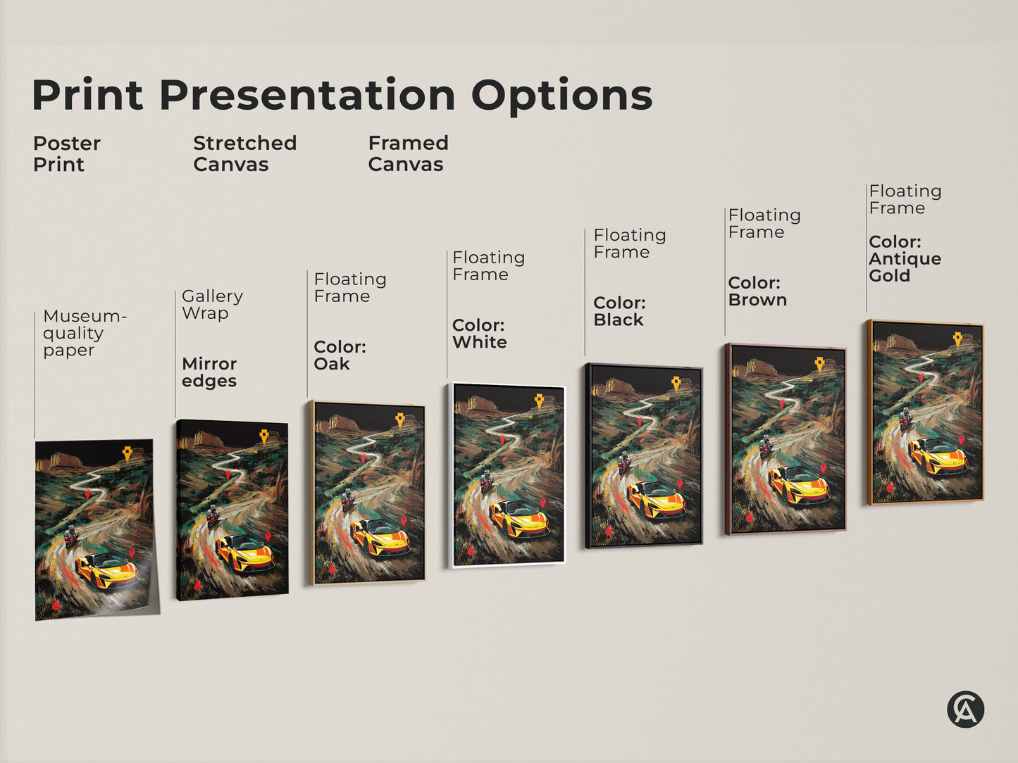 Explore print presentation options showcasing a yellow McLaren and motorcycle on canvas and poster. Choose from stretched and framed canvases in various colors. Find the perfect modern landscape art for your office wall art or garage decor and gift for car enthusiasts