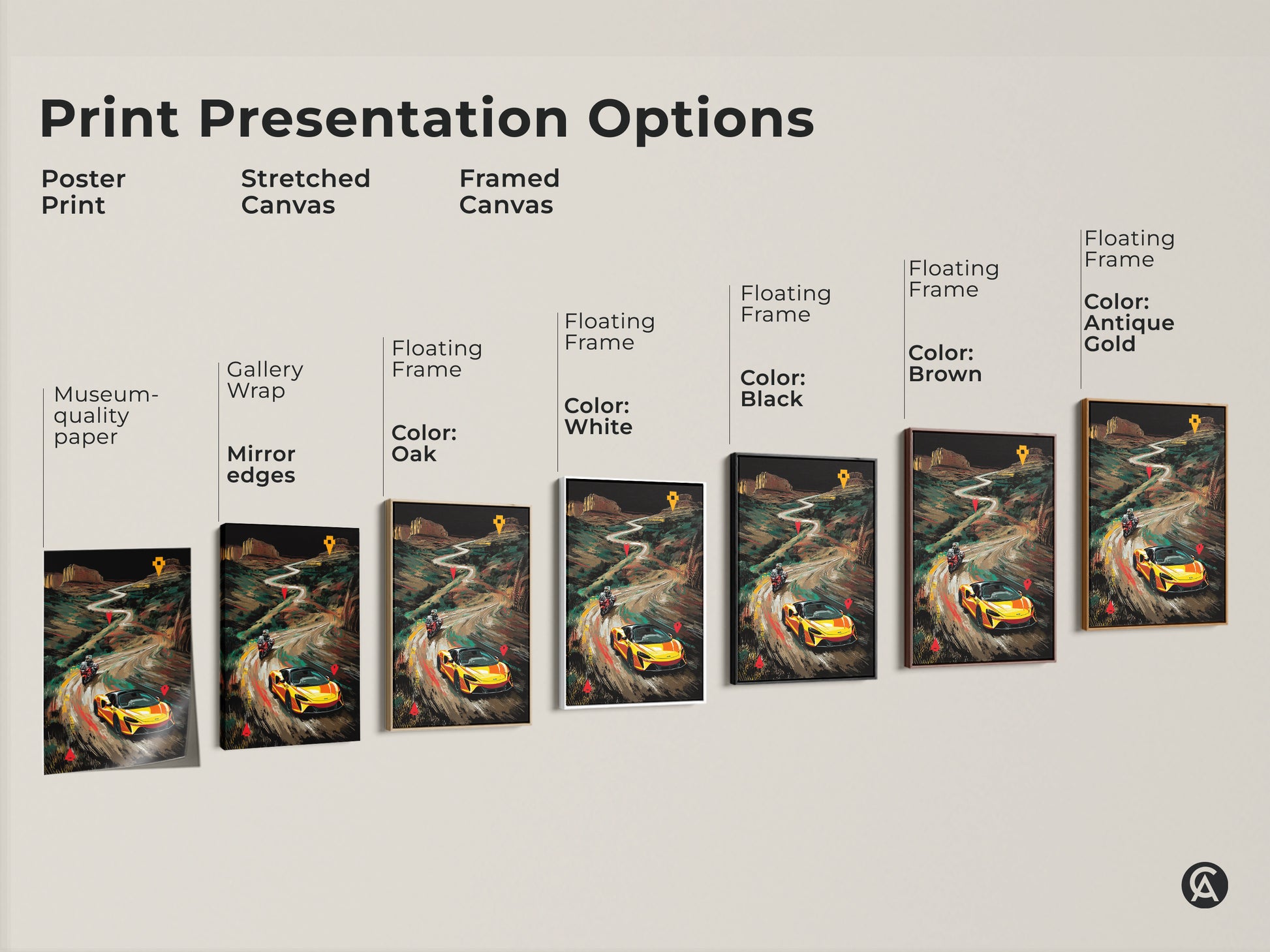 Explore print presentation options showcasing a yellow McLaren and motorcycle on canvas and poster. Choose from stretched and framed canvases in various colors. Find the perfect modern landscape art for your office wall art or garage decor and gift for car enthusiasts