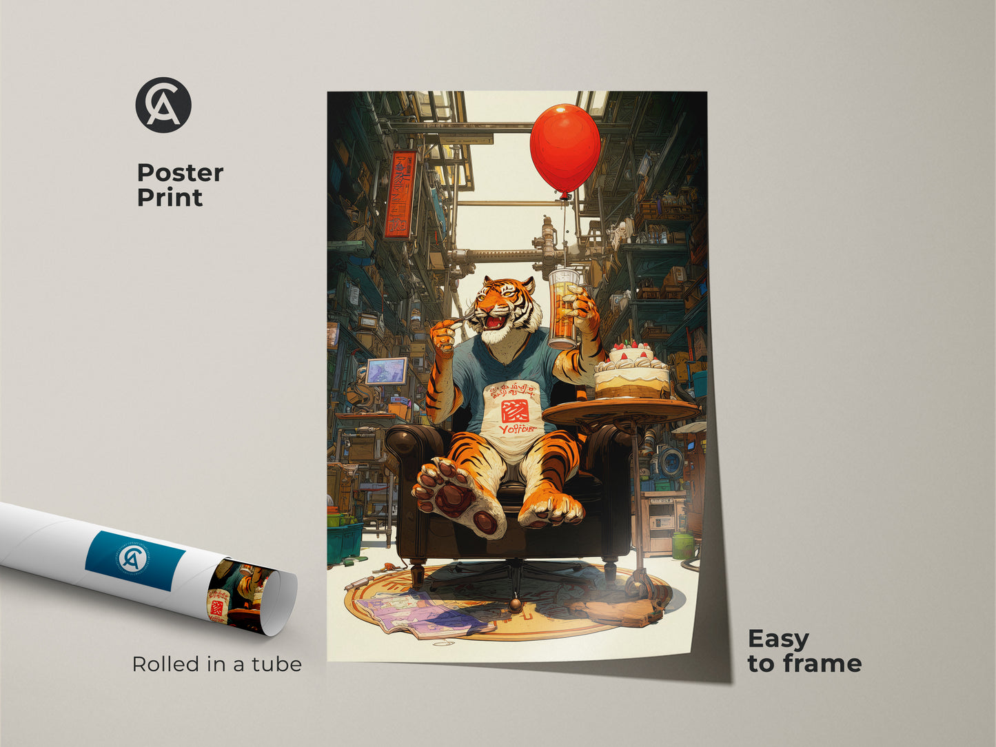 This poster print shows a funny tiger enjoying a beer and cake with a red balloon. This unique animal artwork is easy to frame. The vibrant digital art style adds a playful touch and makes a great gift for tiger fans.
