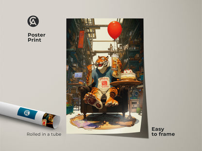 This poster print shows a funny tiger enjoying a beer and cake with a red balloon. This unique animal artwork is easy to frame. The vibrant digital art style adds a playful touch and makes a great gift for tiger fans.