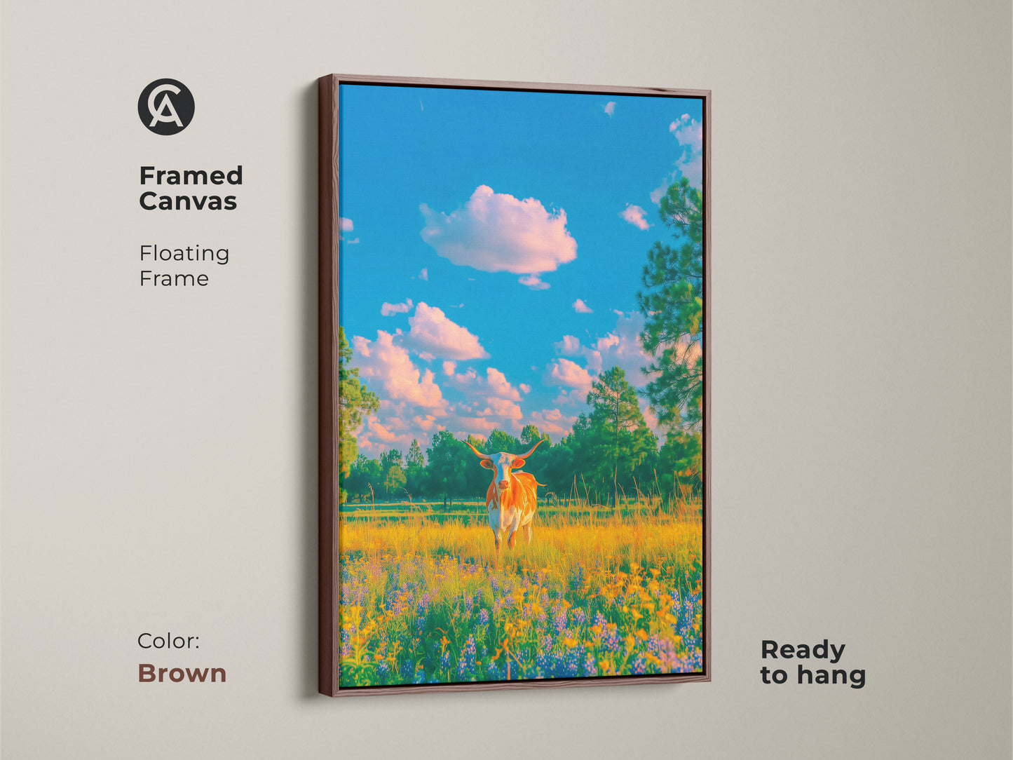This framed canvas print depicts a Texas Longhorn in a vibrant meadow. The brown floating frame enhances the artwork. Ready to hang it brings natural beauty to your home. Find unique framed art online.