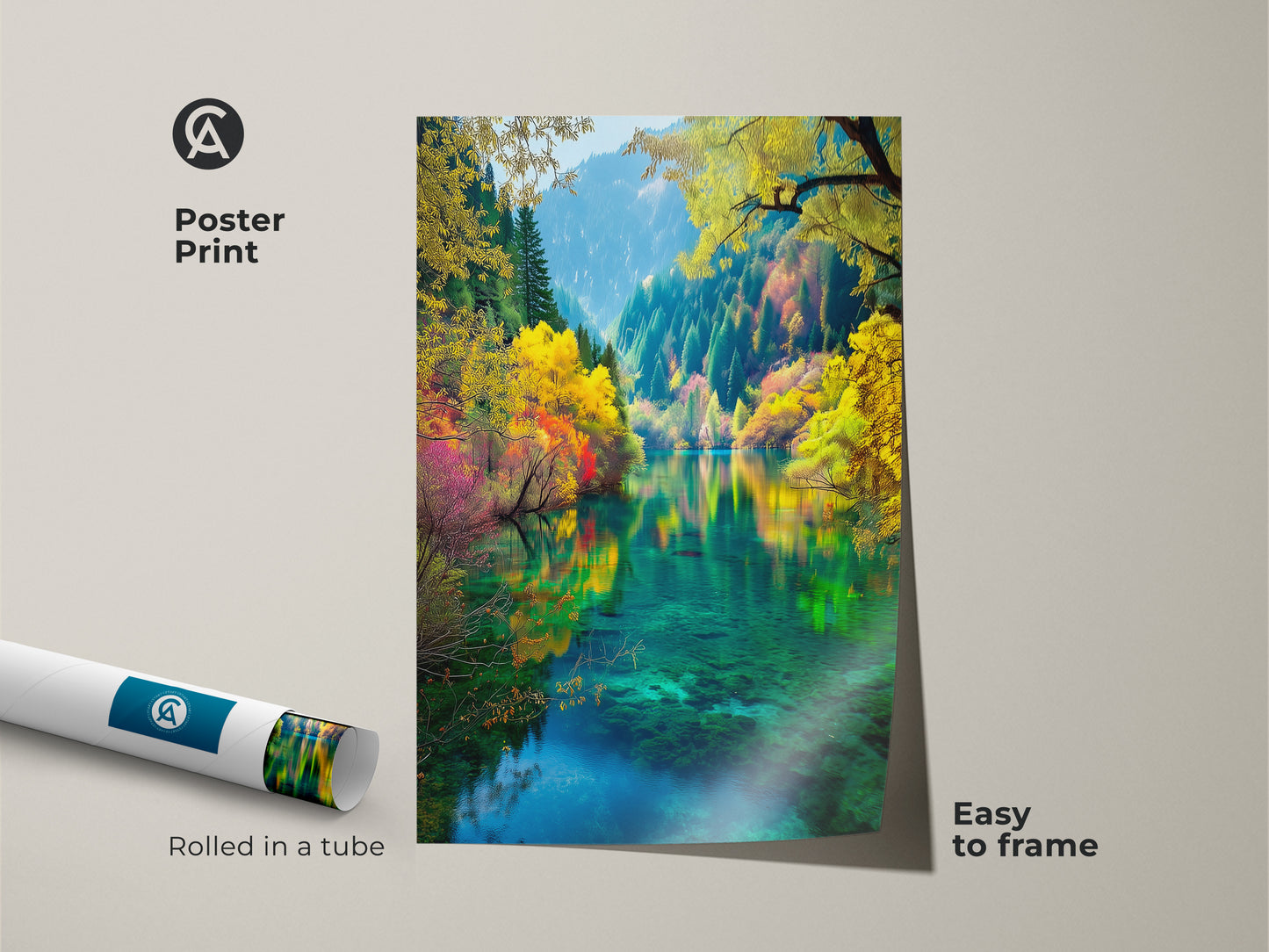 Elevate your space with this stunning Jiuzhaigou Valley poster print. Rolled in a tube for easy framing this museum-quality paper art captures the vibrant colors and serene landscape. Perfect for adding a touch of nature to your home decor.