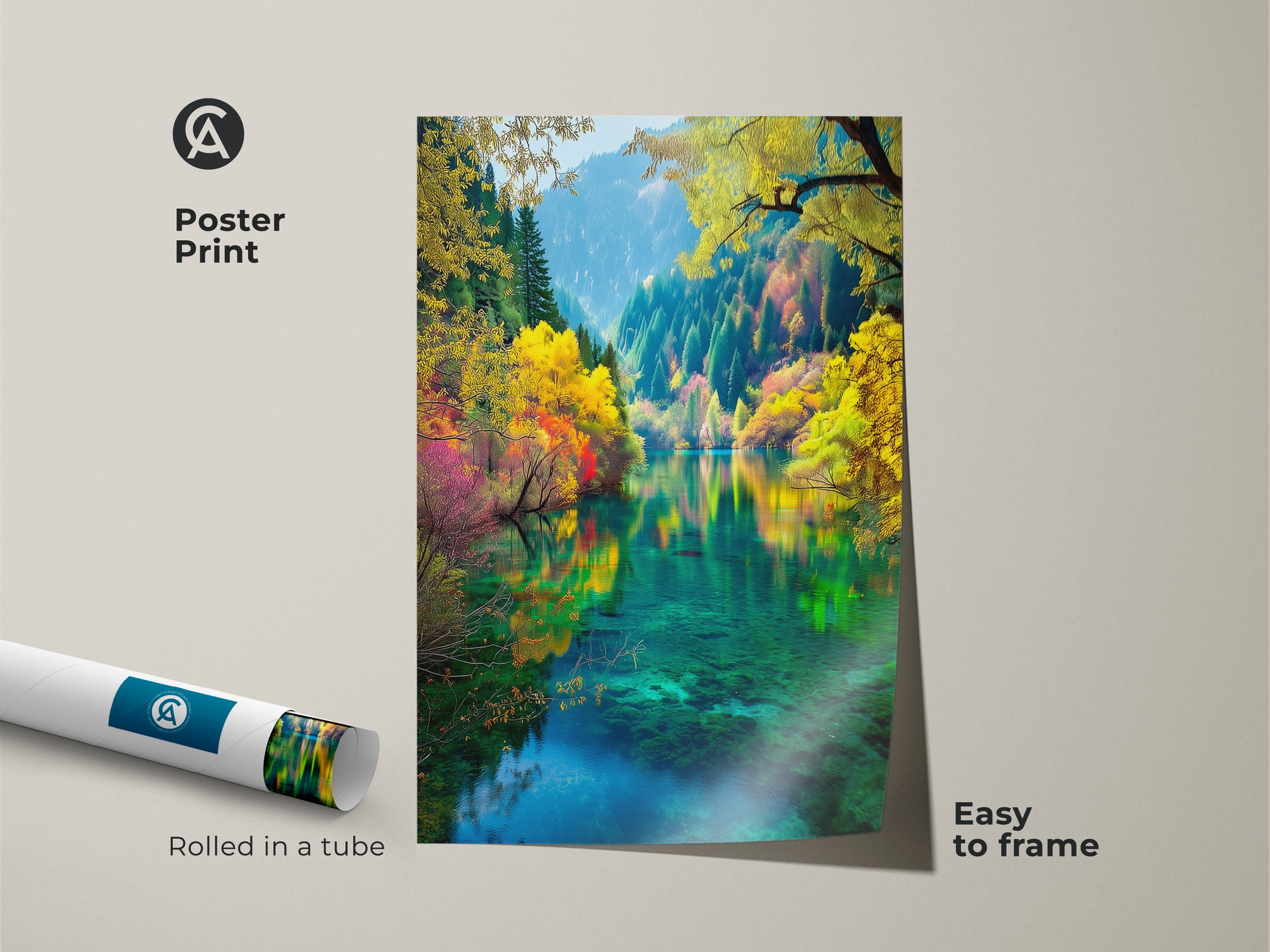 Elevate your space with this stunning Jiuzhaigou Valley poster print. Rolled in a tube for easy framing this museum-quality paper art captures the vibrant colors and serene landscape. Perfect for adding a touch of nature to your home decor.
