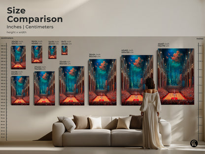 A size comparison of surreal basketball cathedral canvas art. It shows a range from 8x12 inches to 45x67 inches. The art adds an eclectic touch to any space. Perfect for adding a unique statement to your home or office.