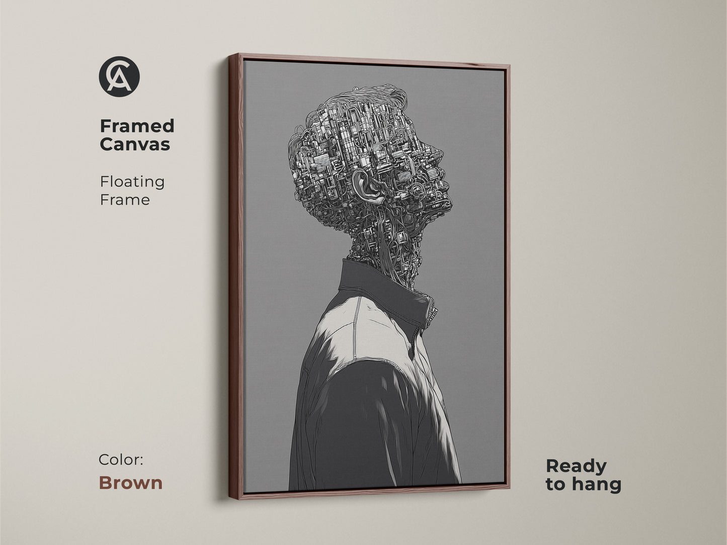 Framed canvas art featuring a cyborg man. This artwork is in a brown floating frame. It's ready to hang and adds sophistication to any room. The artwork is a great choice for art lovers.