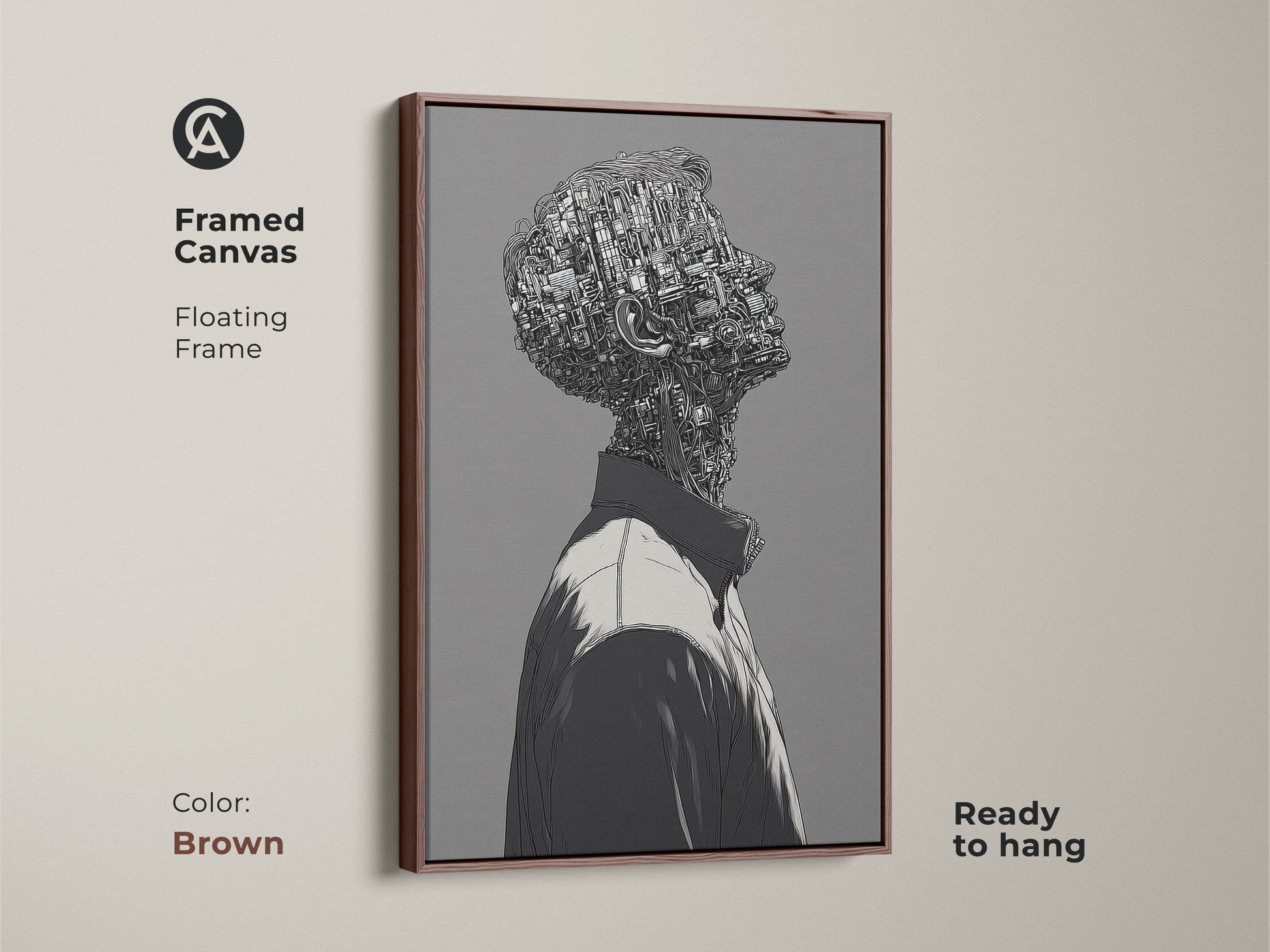 Framed canvas art featuring a cyborg man. This artwork is in a brown floating frame. It's ready to hang and adds sophistication to any room. The artwork is a great choice for art lovers.
