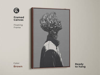 Framed canvas art featuring a cyborg man. This artwork is in a brown floating frame. It's ready to hang and adds sophistication to any room. The artwork is a great choice for art lovers.