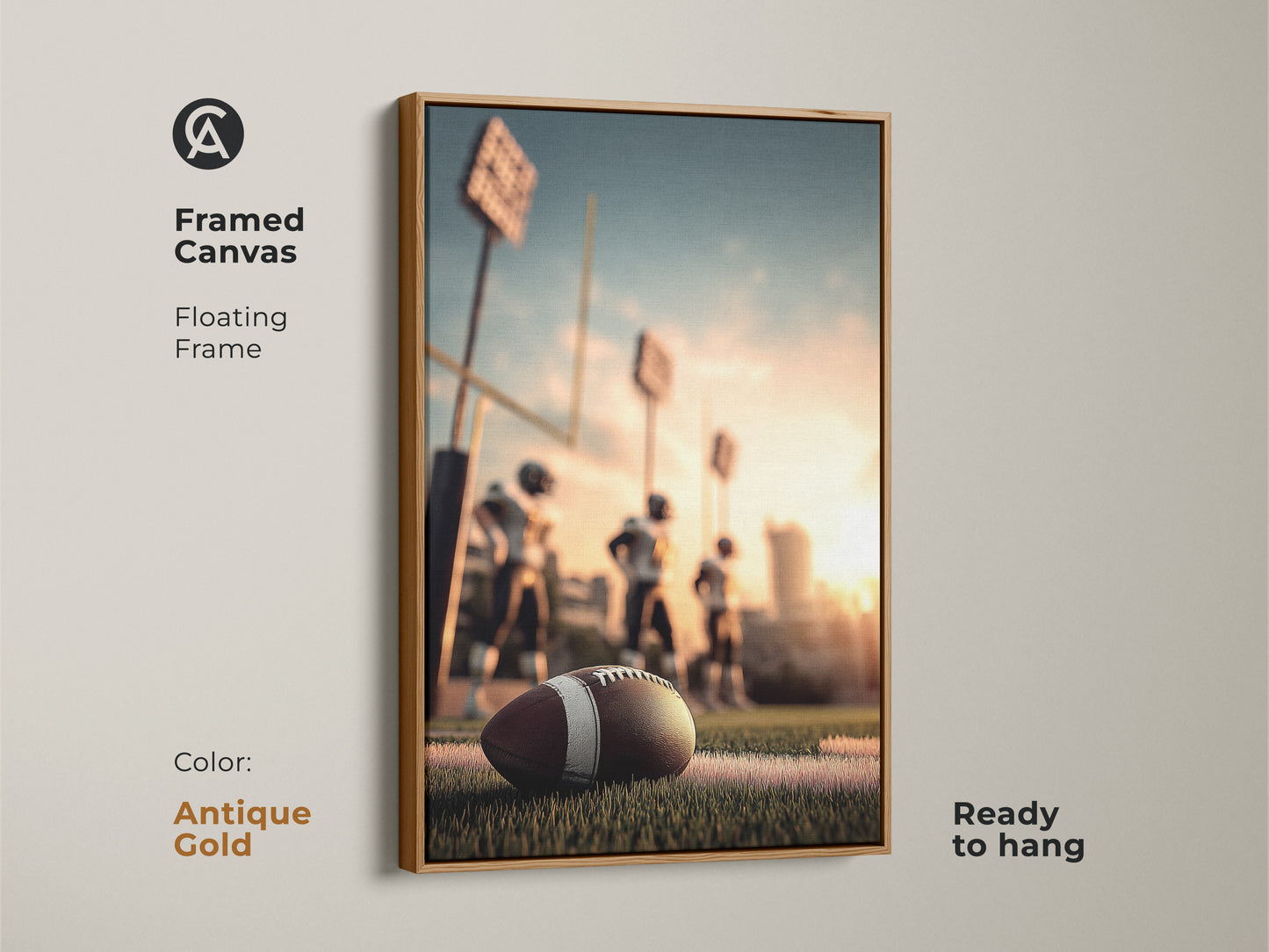 Framed canvas of American Football art in an antique gold floating frame. Ready to hang for easy display. This artwork features a football on the field during the golden hour. Perfect for a man cave or sports bar. A great gift for football fans and sports enthusiasts.