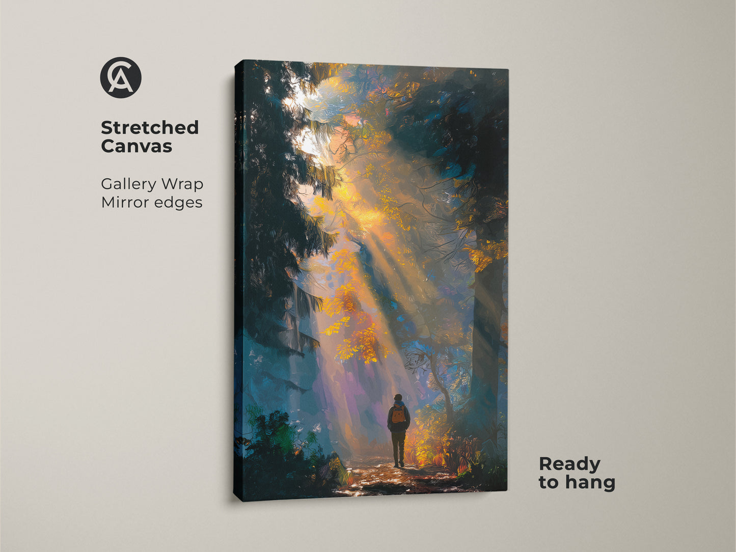 Stretched canvas art featuring a hiker bathed in forest sunlight. The gallery wrap with mirror edges gives a modern touch. This ready-to-hang artwork adds a touch of nature to any room. Transform your space with this beautiful forest scene. A stunning piece for any art collector.
