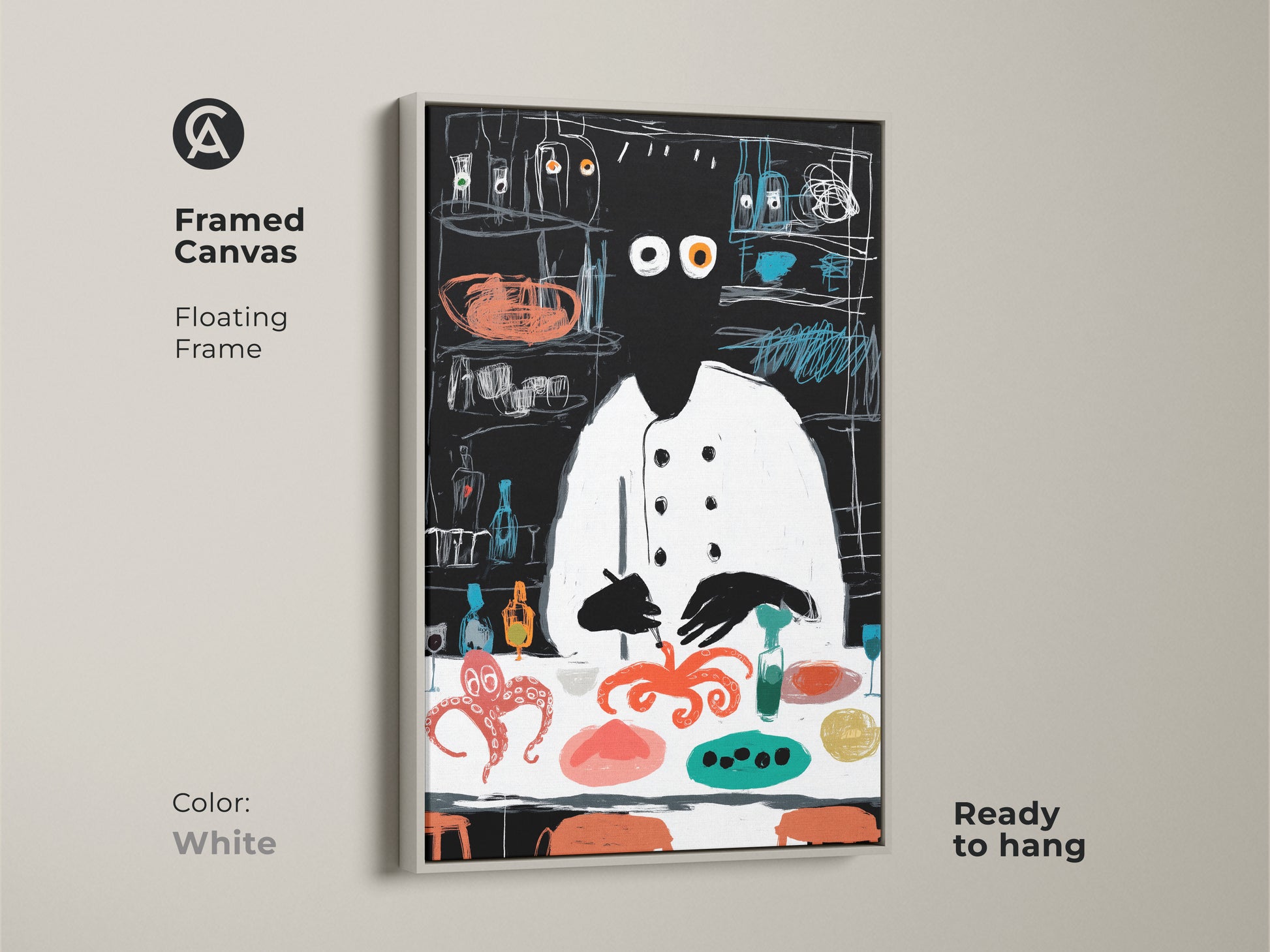 The white framed canvas features an abstract chef and octopus art piece. This canvas with floating frame is ready to hang. It adds a clean modern touch to any kitchen. This food-themed artwork makes a great gift for chefs and food lovers enhancing eclectic decor.