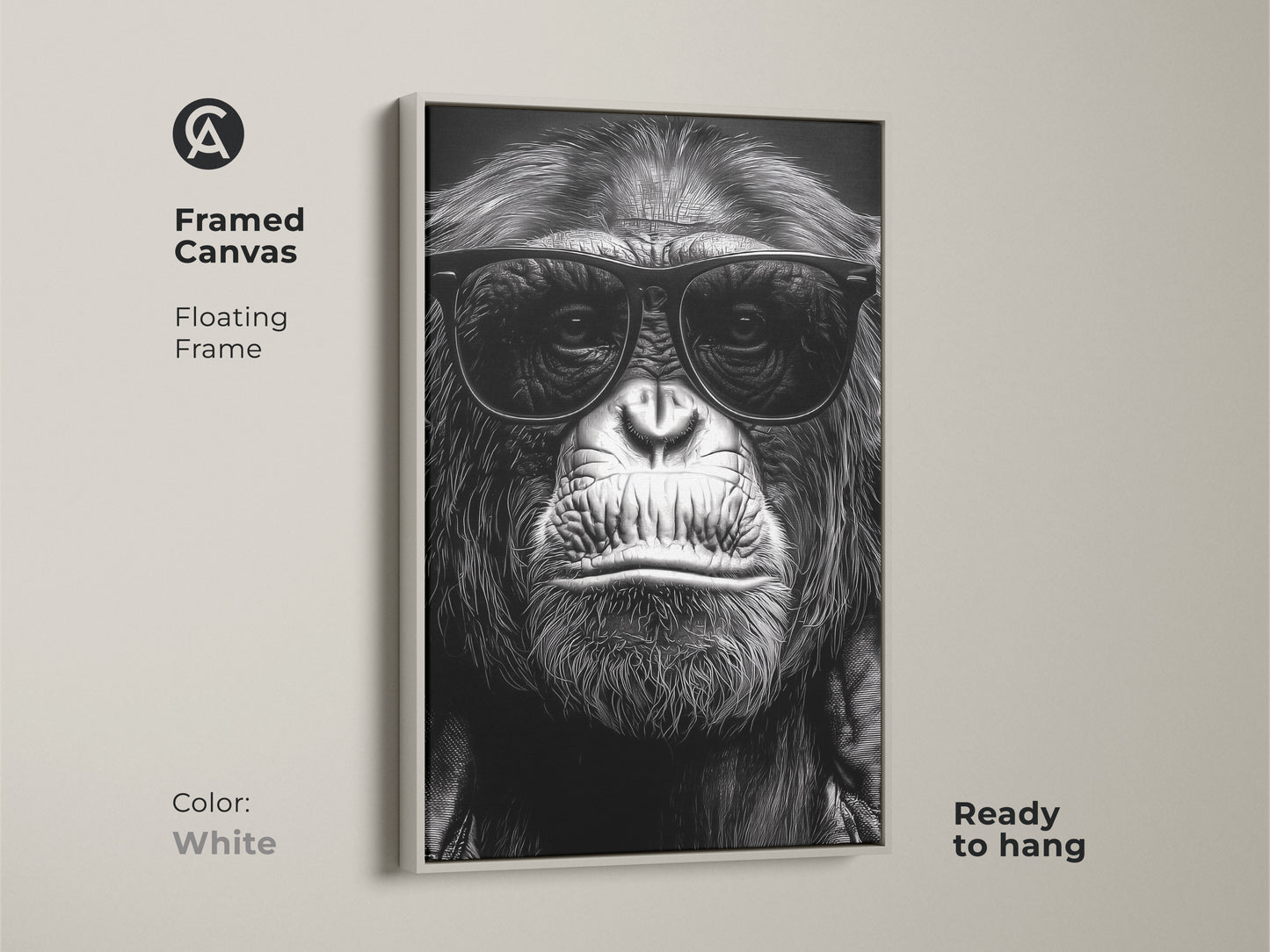 A framed canvas shows a chimpanzee in sunglasses. The white floating frame complements this black and white gorilla art. This primate portrait is ready to hang. Ideal for study room or office decor. Makes a unique animal lover gift. This canvas adds an eclectic touch.