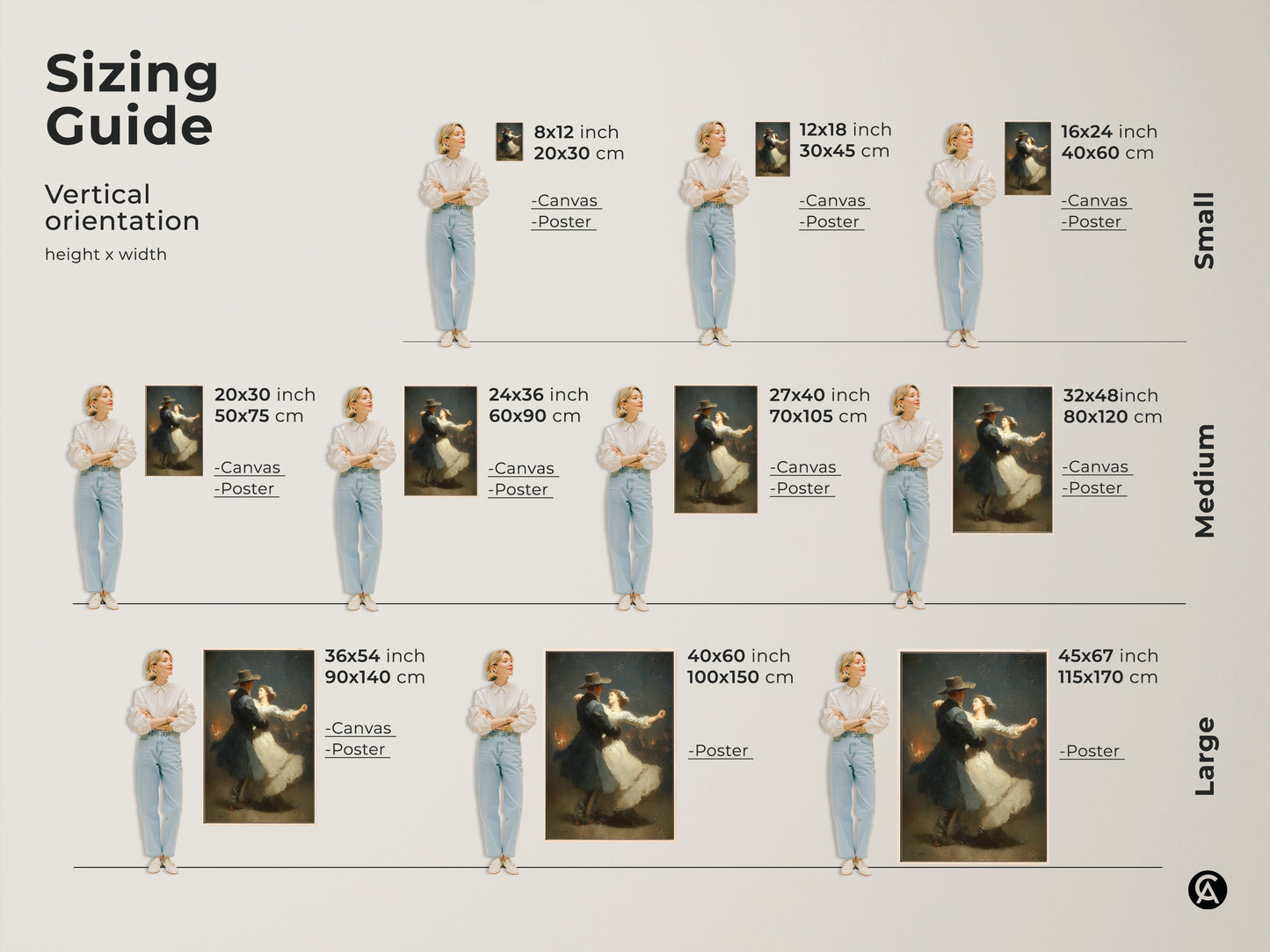 Explore our sizing guide for romantic dance art. Find the perfect fit for your space. This classical Victorian couple art comes in various sizes. Choose from canvas or poster prints. This dark blue and white artwork is an ideal anniversary gift for couples.