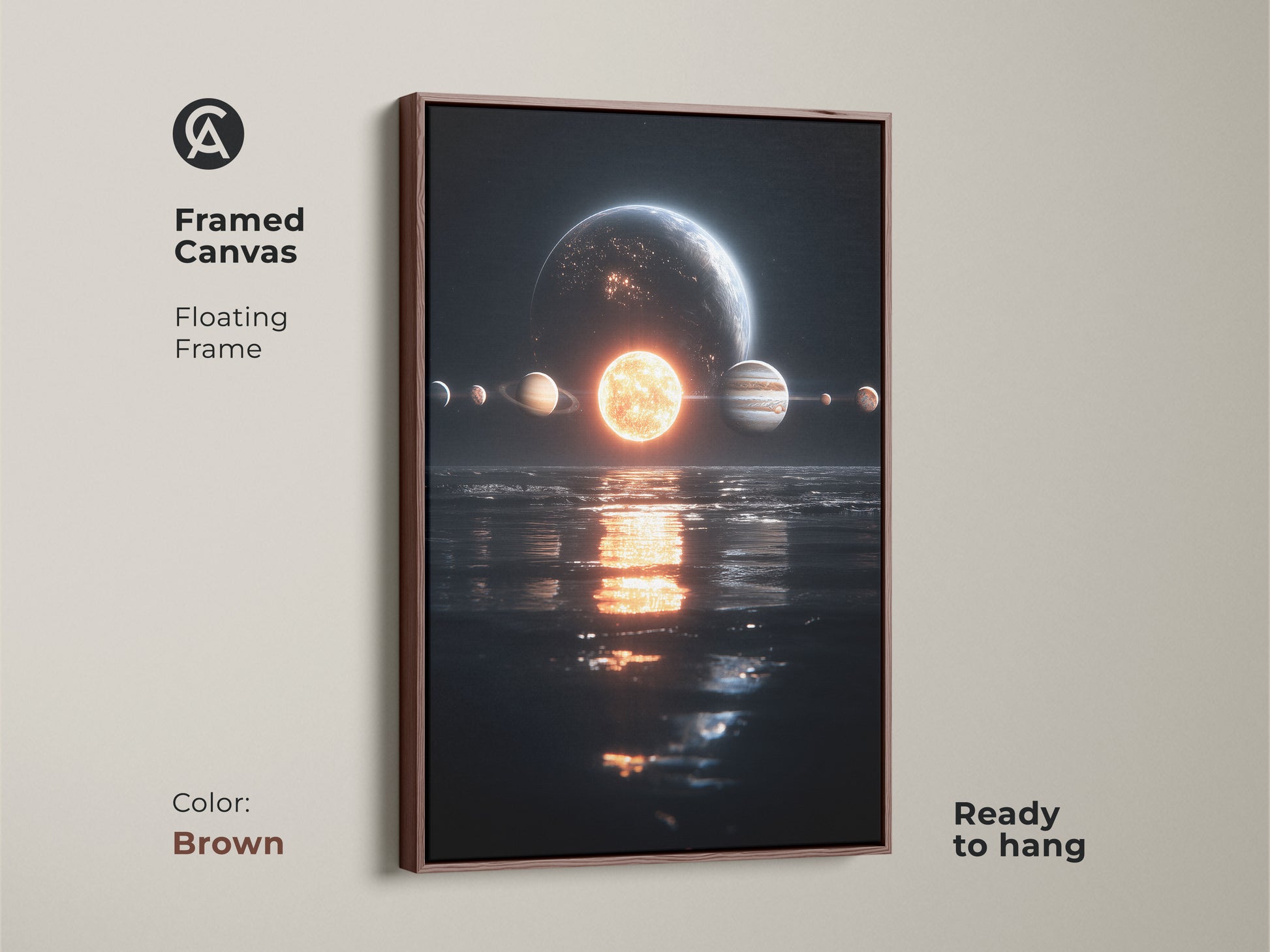 Framed canvas print featuring planets and a sun reflected in water. The floating frame is a rich brown color. The artwork is ready to hang. This is perfect for adding a touch of cosmic beauty.