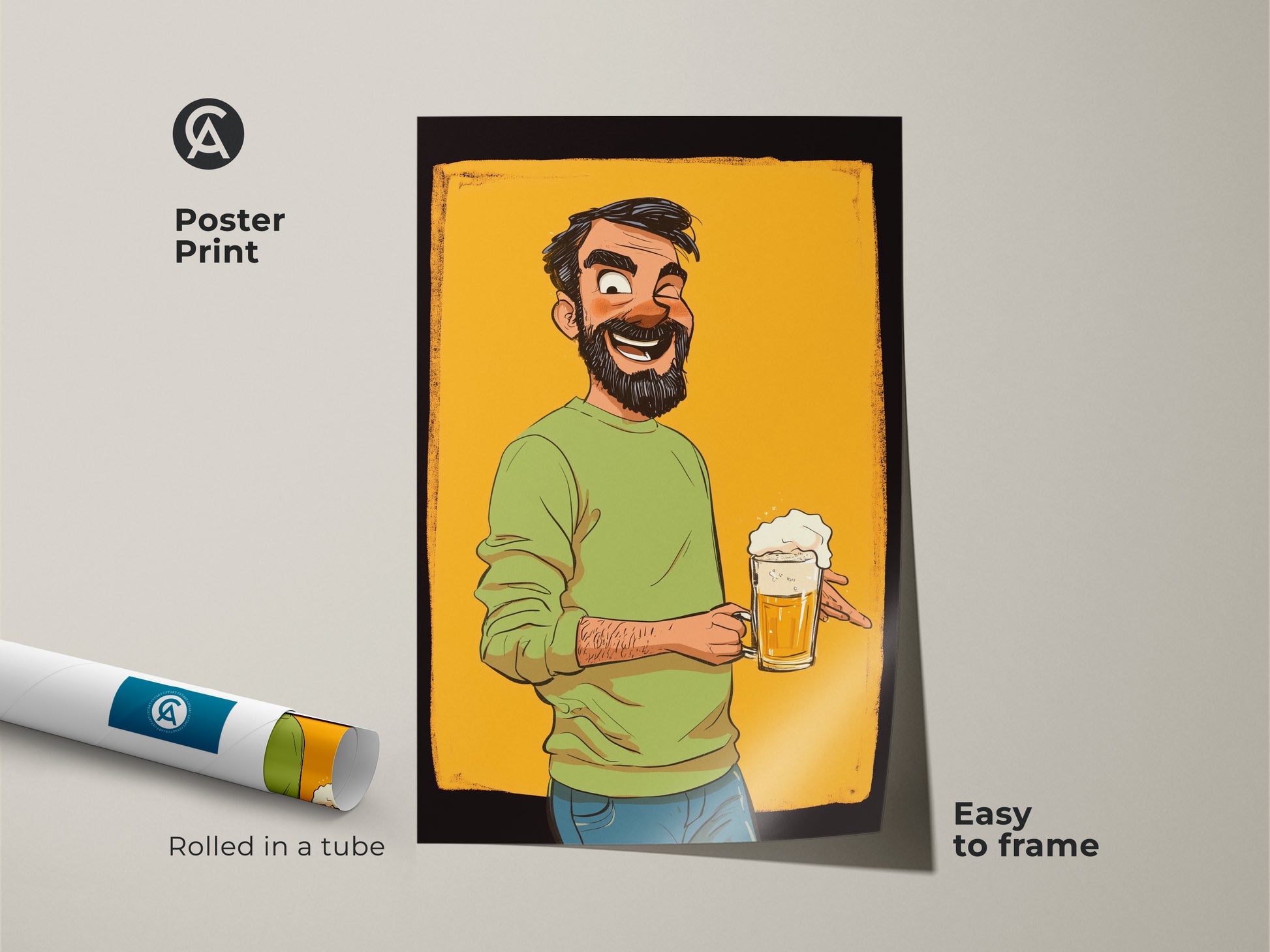 This beer mug cartoon poster print shows a funny man art. Perfect as a gift for a beer lover. This is eclectic wall art for a man cave or bar decor. The poster is rolled in a tube for easy framing.