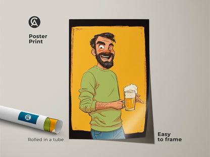 This beer mug cartoon poster print shows a funny man art. Perfect as a gift for a beer lover. This is eclectic wall art for a man cave or bar decor. The poster is rolled in a tube for easy framing.