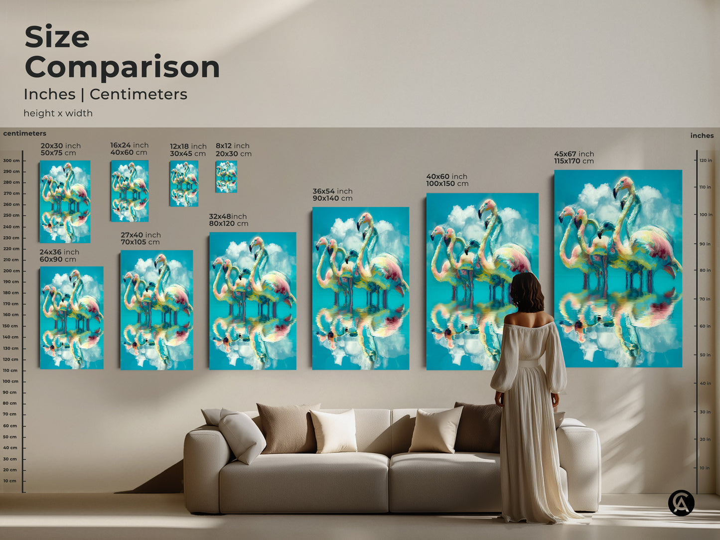 Size comparison of abstract flamingo art in a living room setting. The canvas is offered in various sizes. The tropical bird art is a focal point in eclectic homes. Find the perfect size today.