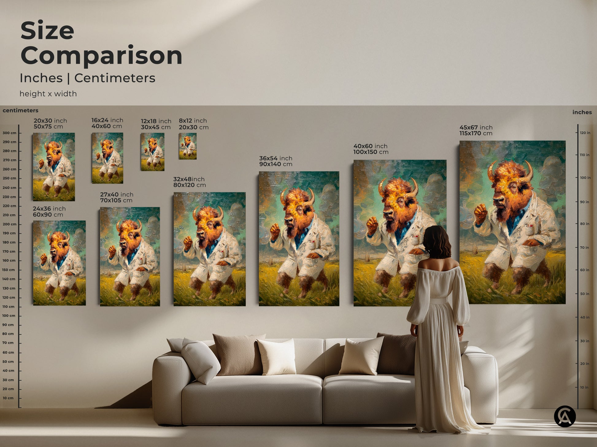 This is a size comparison of the buffalo-human hybrid art. The artwork is displayed in various sizes in inches and centimeters. Visualize the impact of each size within a living room setting. Find the perfect fit for your space today.