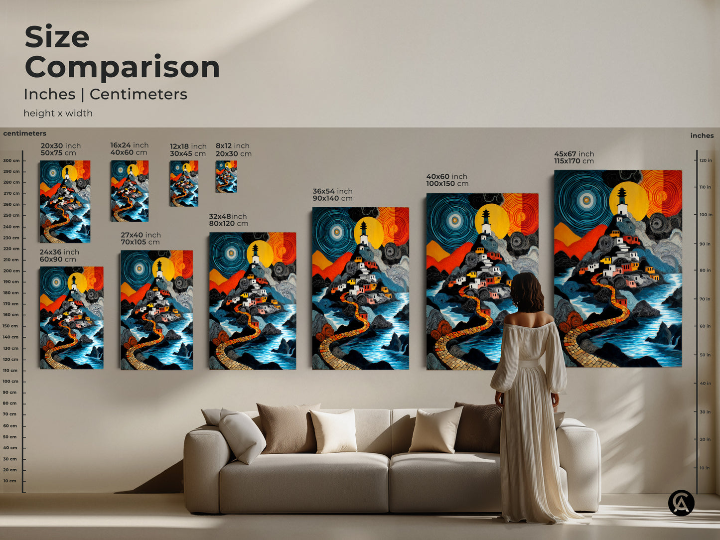 This size comparison showcases the naive art lighthouse village art print in various dimensions. See how it fits above a sofa. Available as canvas or poster it's ideal for adding a colorful eclectic touch. This piece works for travel decor or a housewarming gift.