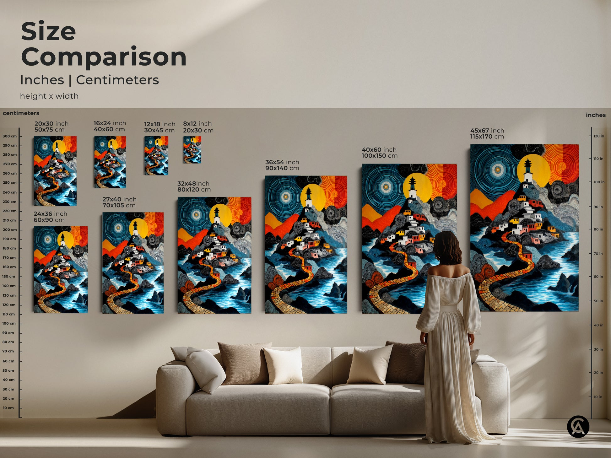 This size comparison showcases the naive art lighthouse village art print in various dimensions. See how it fits above a sofa. Available as canvas or poster it's ideal for adding a colorful eclectic touch. This piece works for travel decor or a housewarming gift.