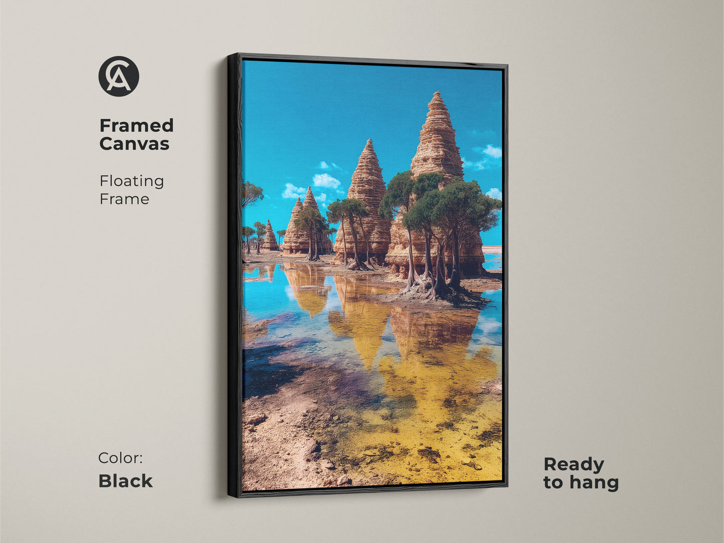 The black framed canvas shows a surreal temple landscape artwork. This eclectic wall art print highlights Art Nouveau travel art. The blue brown and yellow tones create a vibrant ready to hang piece. A worldly home accent with scenic water reflections.