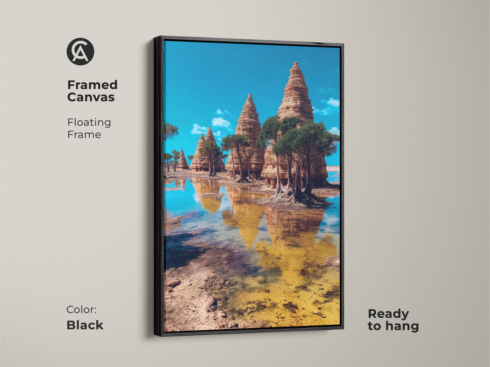 The black framed canvas shows a surreal temple landscape artwork. This eclectic wall art print highlights Art Nouveau travel art. The blue brown and yellow tones create a vibrant ready to hang piece. A worldly home accent with scenic water reflections.