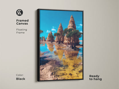 The black framed canvas shows a surreal temple landscape artwork. This eclectic wall art print highlights Art Nouveau travel art. The blue brown and yellow tones create a vibrant ready to hang piece. A worldly home accent with scenic water reflections.