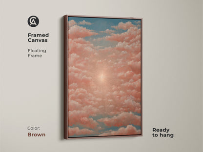 Dreamy surrealist interpretation of a sunrise rendered in coral pink and blue. Boho aesthetic and spiritual undertones make it a perfect addition to a bedroom. High-quality canvas art print.