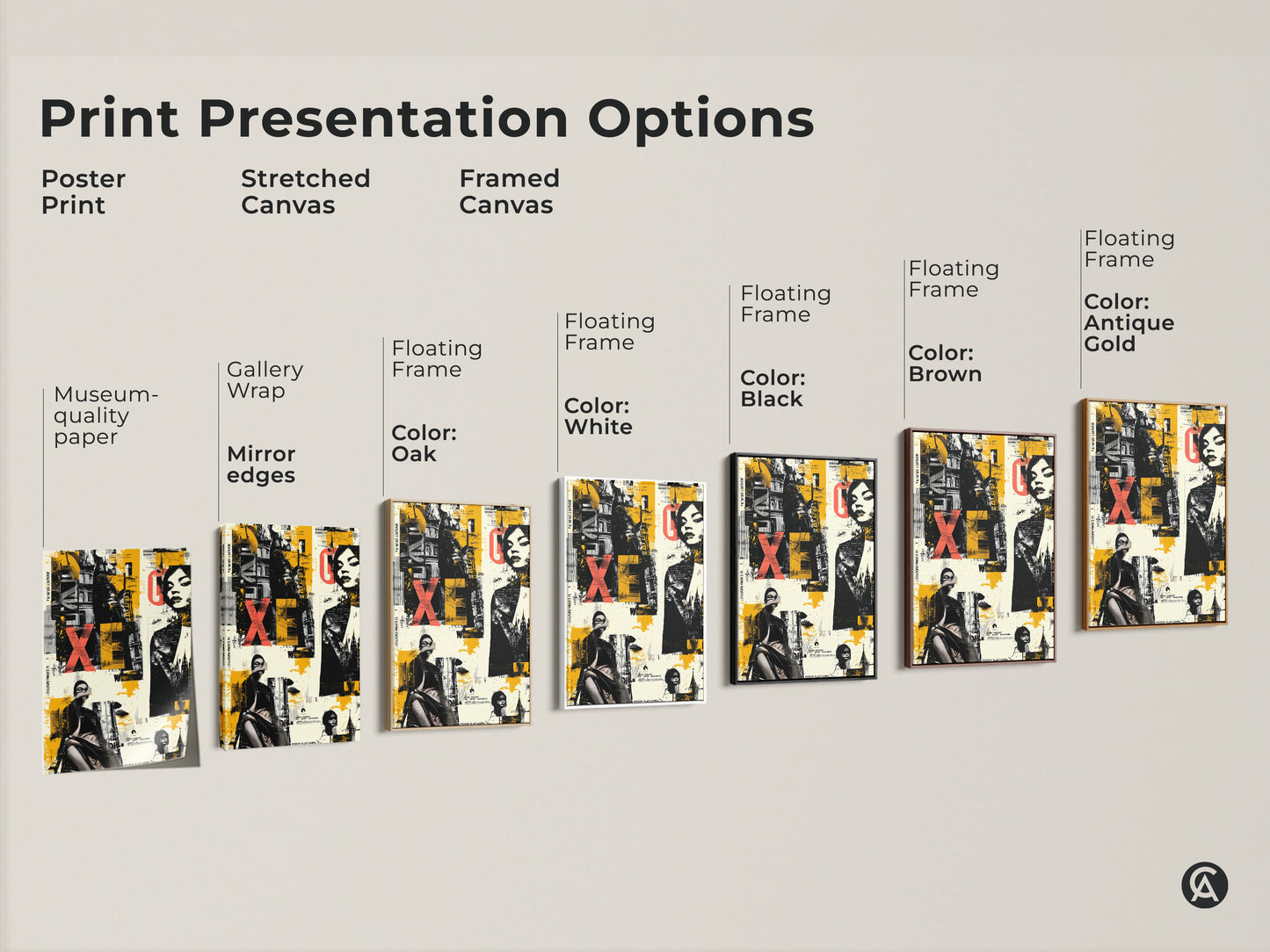 Explore print presentation options. See poster prints stretched canvas and framed canvas. Each featuring the Graffiti Woman Face art in yellow black eclectic style. Find the perfect art for your space.