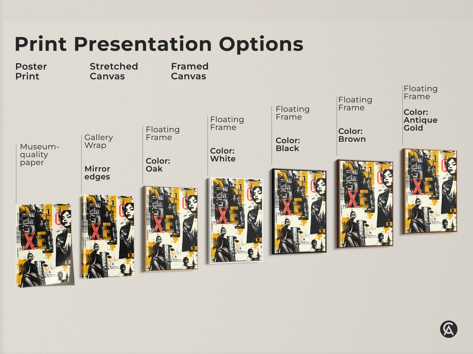 Explore print presentation options. See poster prints stretched canvas and framed canvas. Each featuring the Graffiti Woman Face art in yellow black eclectic style. Find the perfect art for your space.