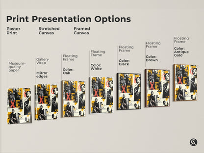 Explore print presentation options. See poster prints stretched canvas and framed canvas. Each featuring the Graffiti Woman Face art in yellow black eclectic style. Find the perfect art for your space.