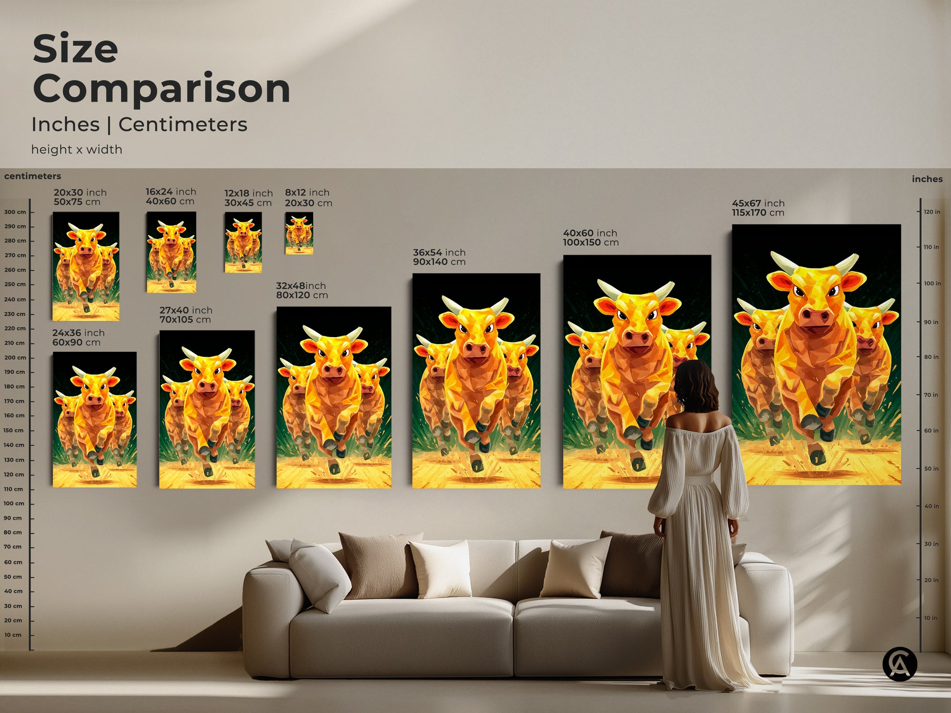 Size comparison of the golden cows artwork displayed in inches and centimeters. Showcasing various dimensions of the modern animal artwork. The geometric low polygon style enhances any space. Find the perfect size animal art print for your living room or office. A stylish addition to any decor.