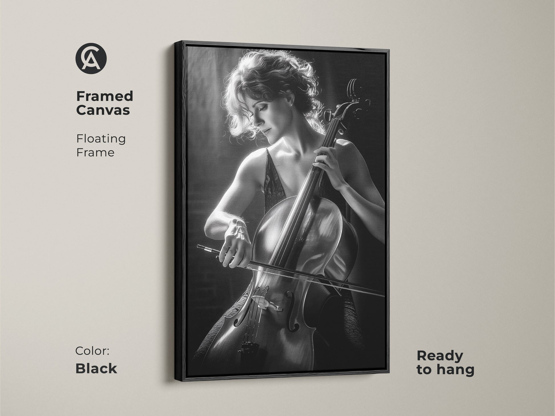 Framed canvas with a black floating frame showcasing a cello player. This ready-to-hang artwork is a contemporary cello decor piece. The black and white fine art photography adds sophistication.