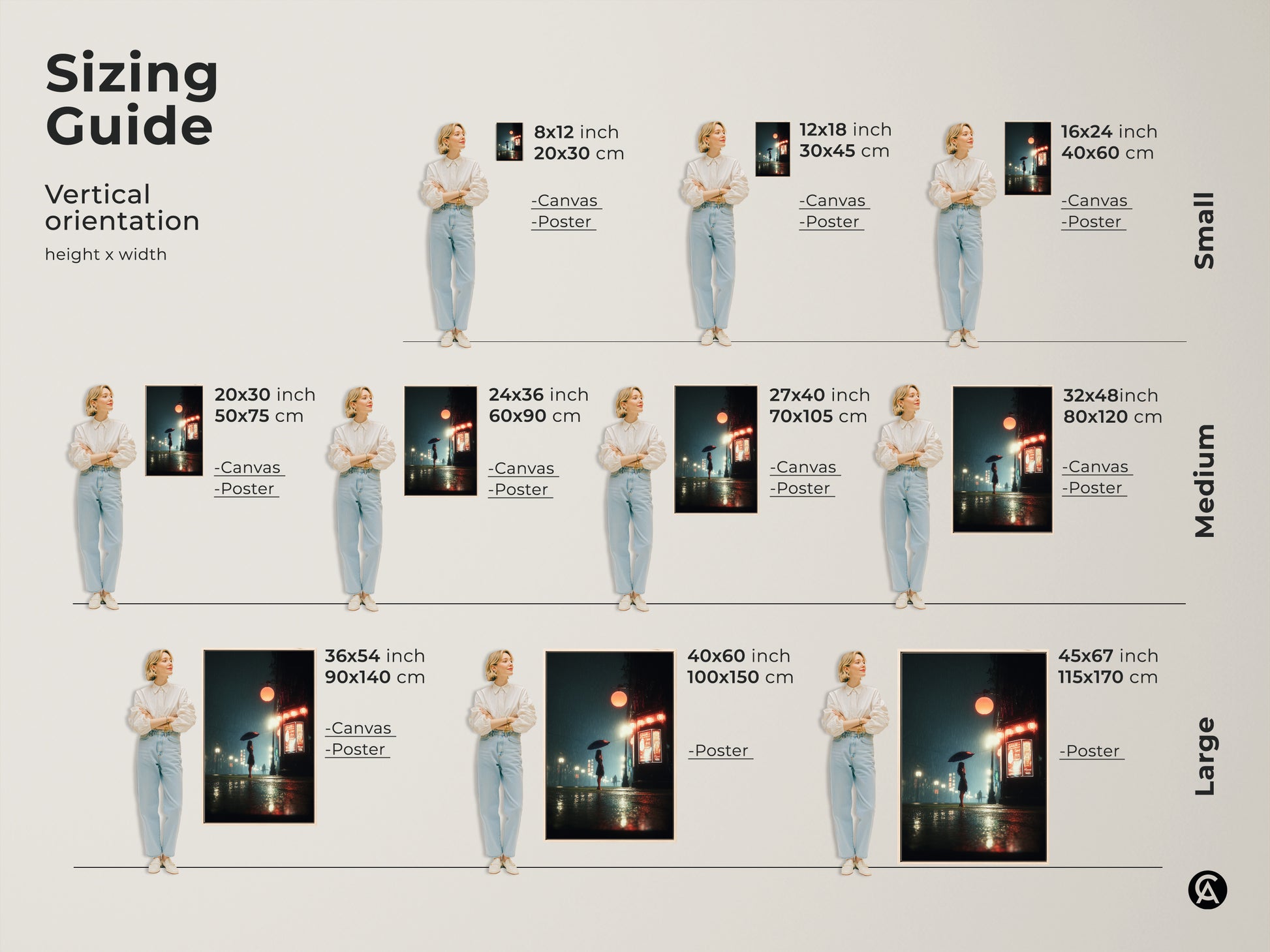 Sizing guide for vertical cityscape artwork. Available as canvas or poster. Sizes range from small to large. See how each size fits in a residential setting. Find the perfect dimensions for your space. Features a woman with an umbrella.