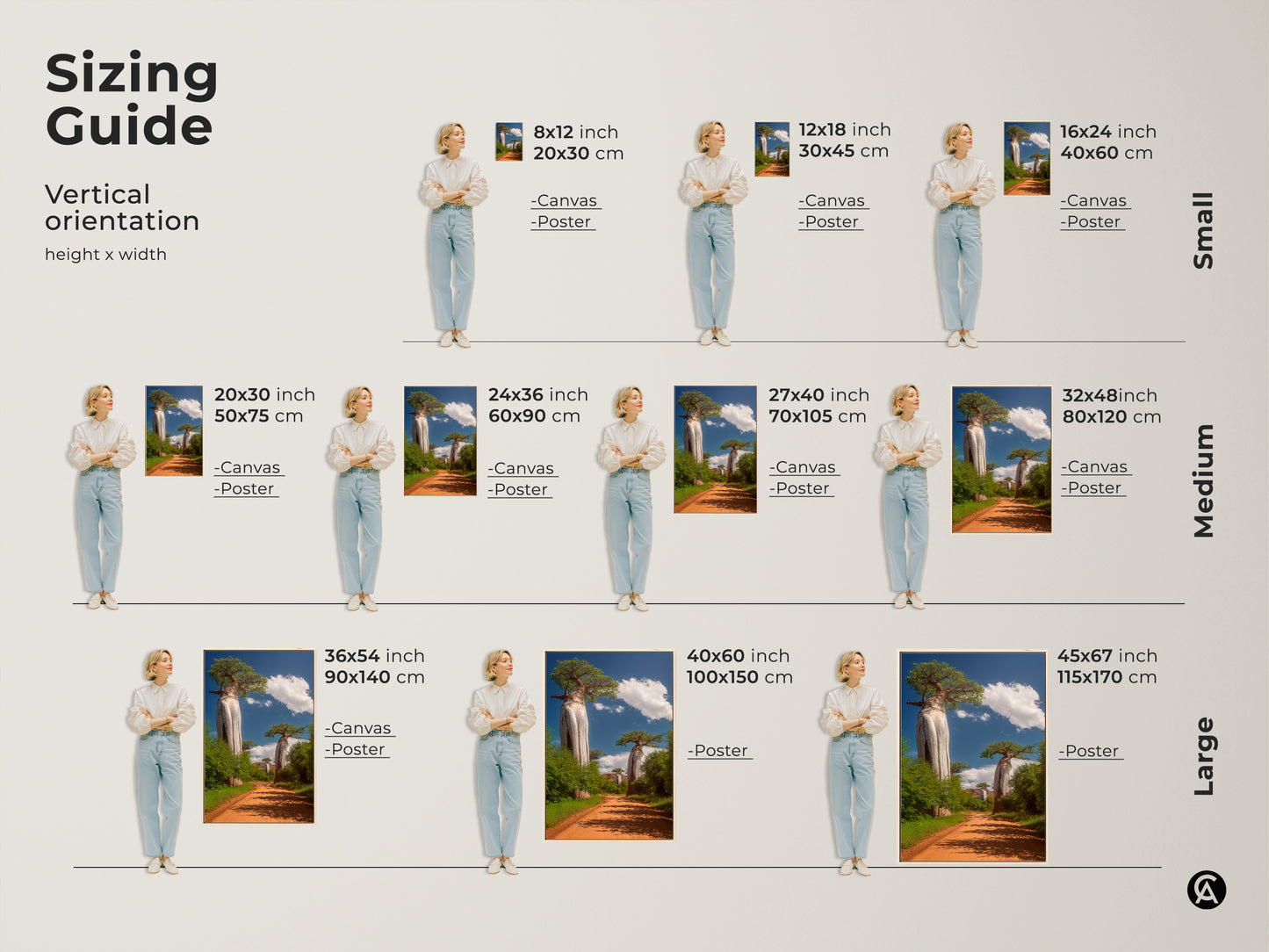 Sizing guide for African Baobab tree artwork. Available in small medium and large sizes. Vertical orientation for canvas and poster prints. Find the perfect fit for your space today.