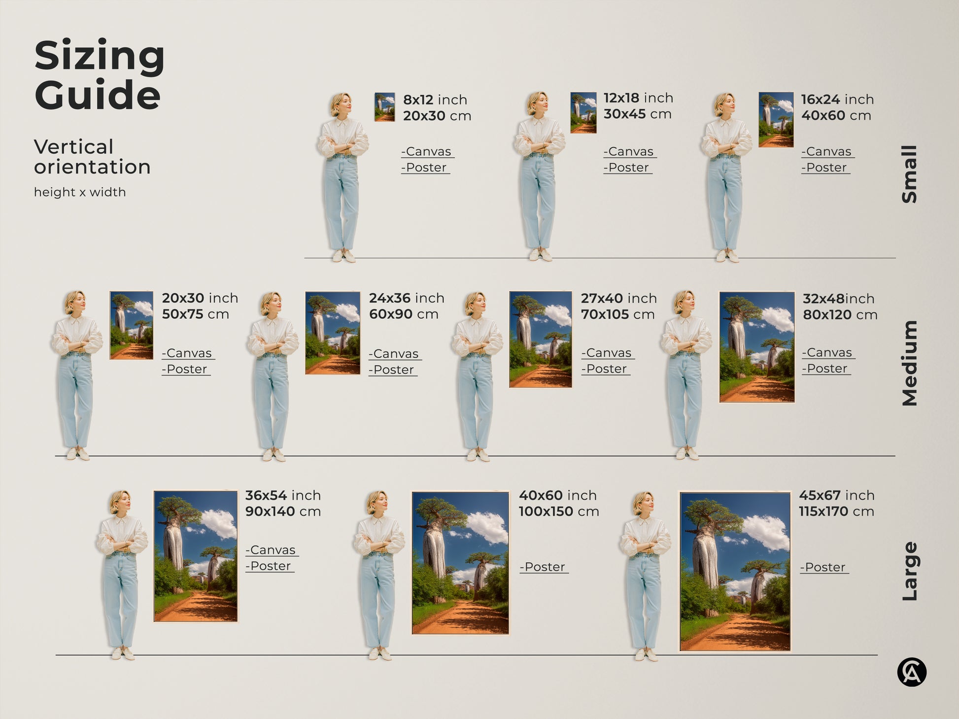 Sizing guide for African Baobab tree artwork. Available in small medium and large sizes. Vertical orientation for canvas and poster prints. Find the perfect fit for your space today.