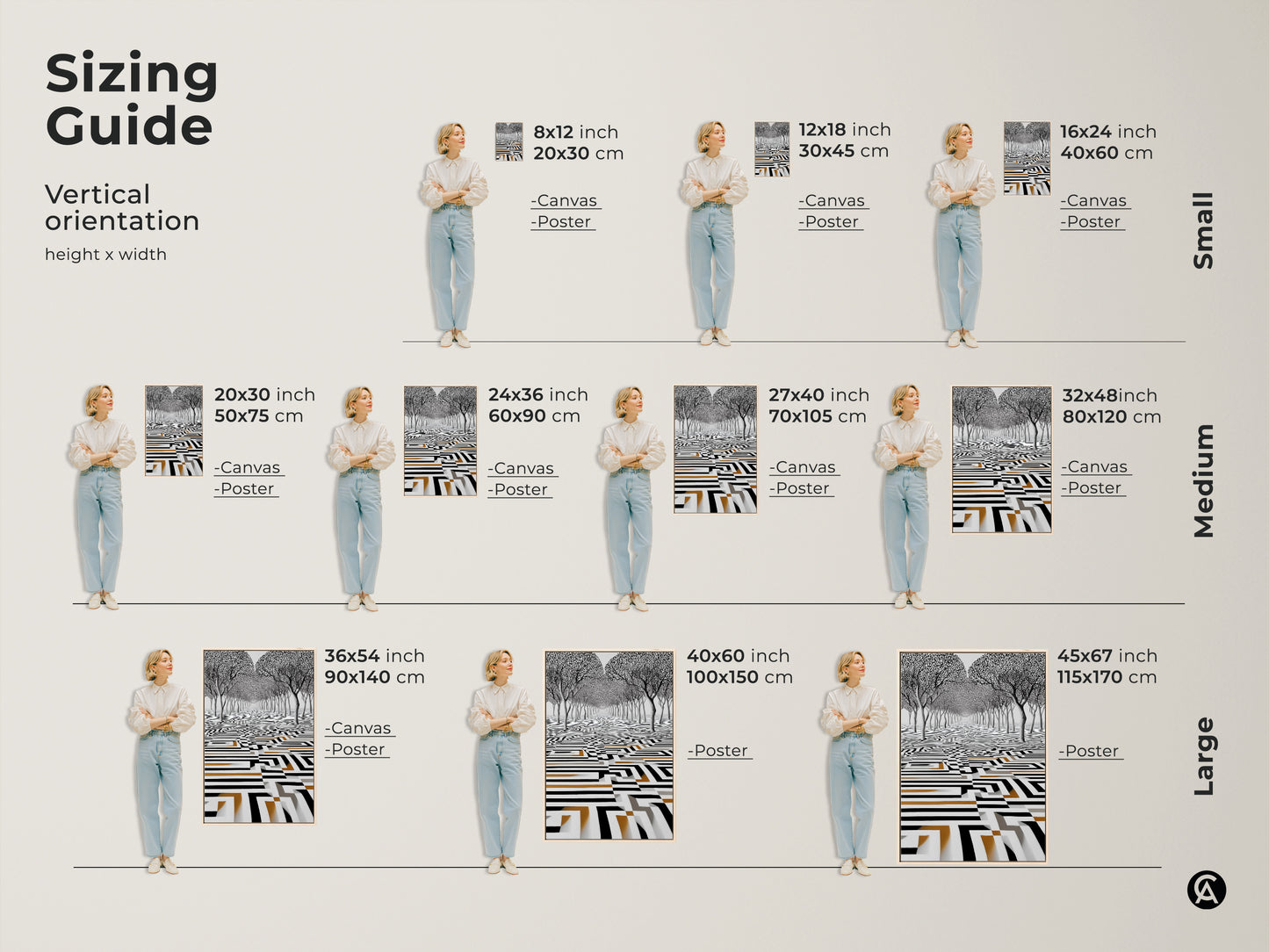Sizing guide for vertical surreal trees maze artwork canvas and poster prints. Small Medium and Large sizes are modeled. Ranging from 8x12 inch to 45x67 inch find the perfect fit for your space.