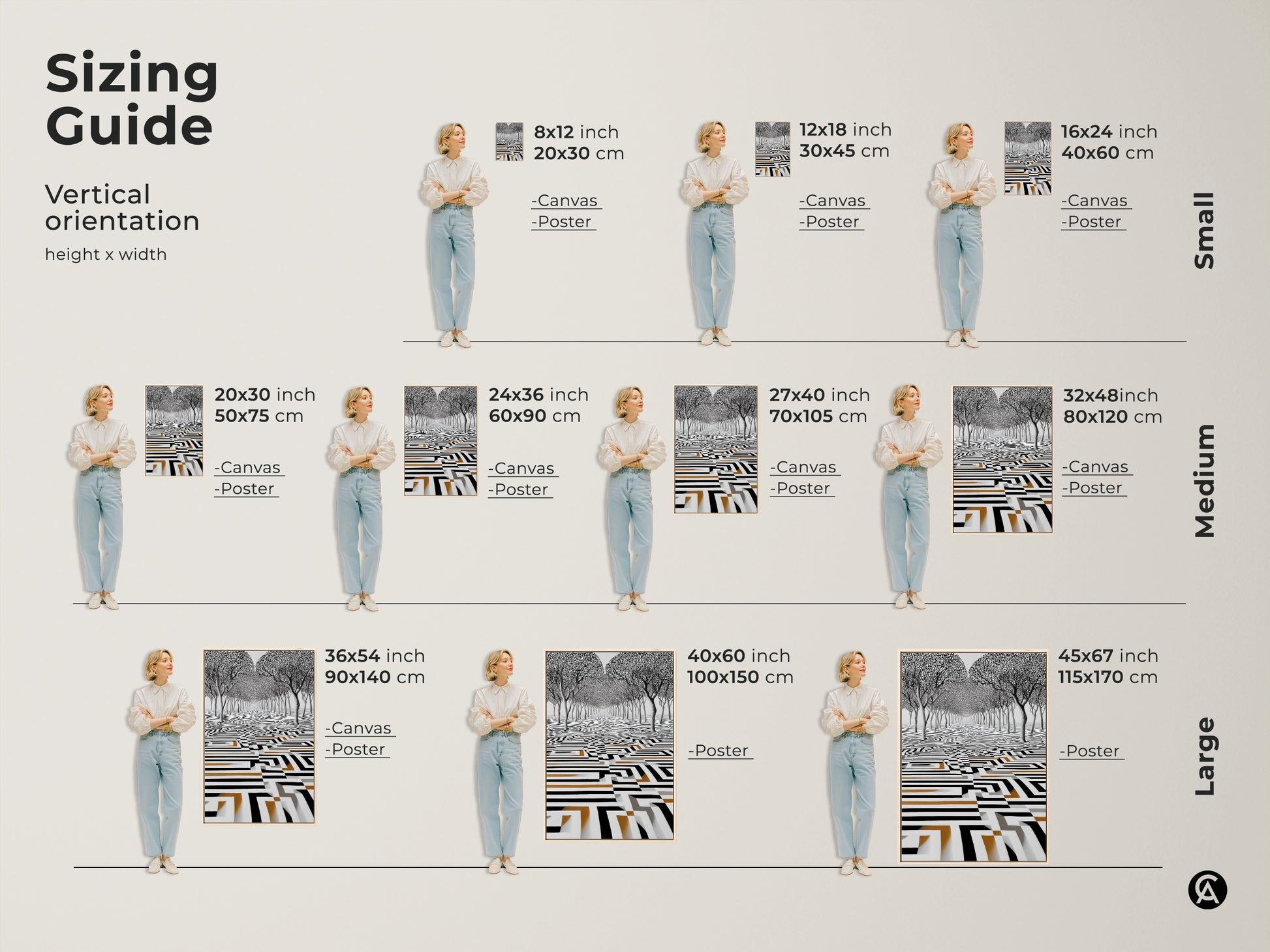 Sizing guide for vertical surreal trees maze artwork canvas and poster prints. Small Medium and Large sizes are modeled. Ranging from 8x12 inch to 45x67 inch find the perfect fit for your space.