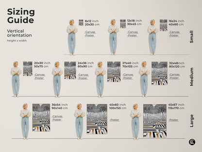 Sizing guide for vertical surreal trees maze artwork canvas and poster prints. Small Medium and Large sizes are modeled. Ranging from 8x12 inch to 45x67 inch find the perfect fit for your space.