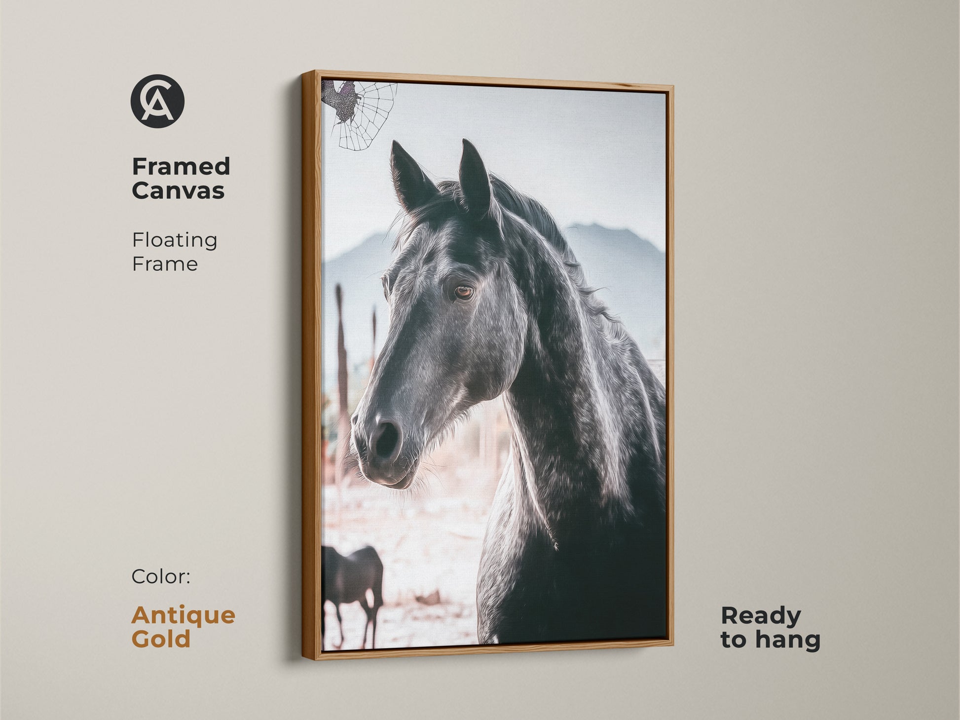 Antique gold framed canvas featuring a photorealistic horse. The floating frame enhances this rustic wildlife art. Ready to hang it brings animal photography and equestrian style to any space. A great gift for horse lovers this artwork adds a touch of nature.