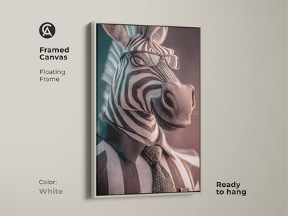 White framed canvas featuring zebra art in a suit. Floating frame ready-to-hang art piece is sophisticated. This monochrome animal portrait offers a contemporary look. A cool animal art choice for any modern space.